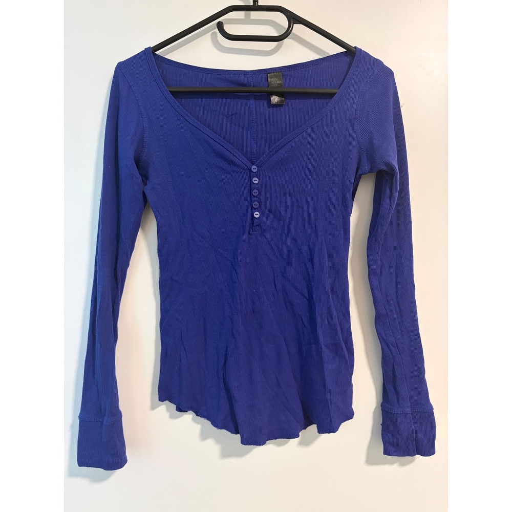 Vintage g:21 Y2K Henley Top Ribbed Long Sleeve Blue V-Neck Button Size M